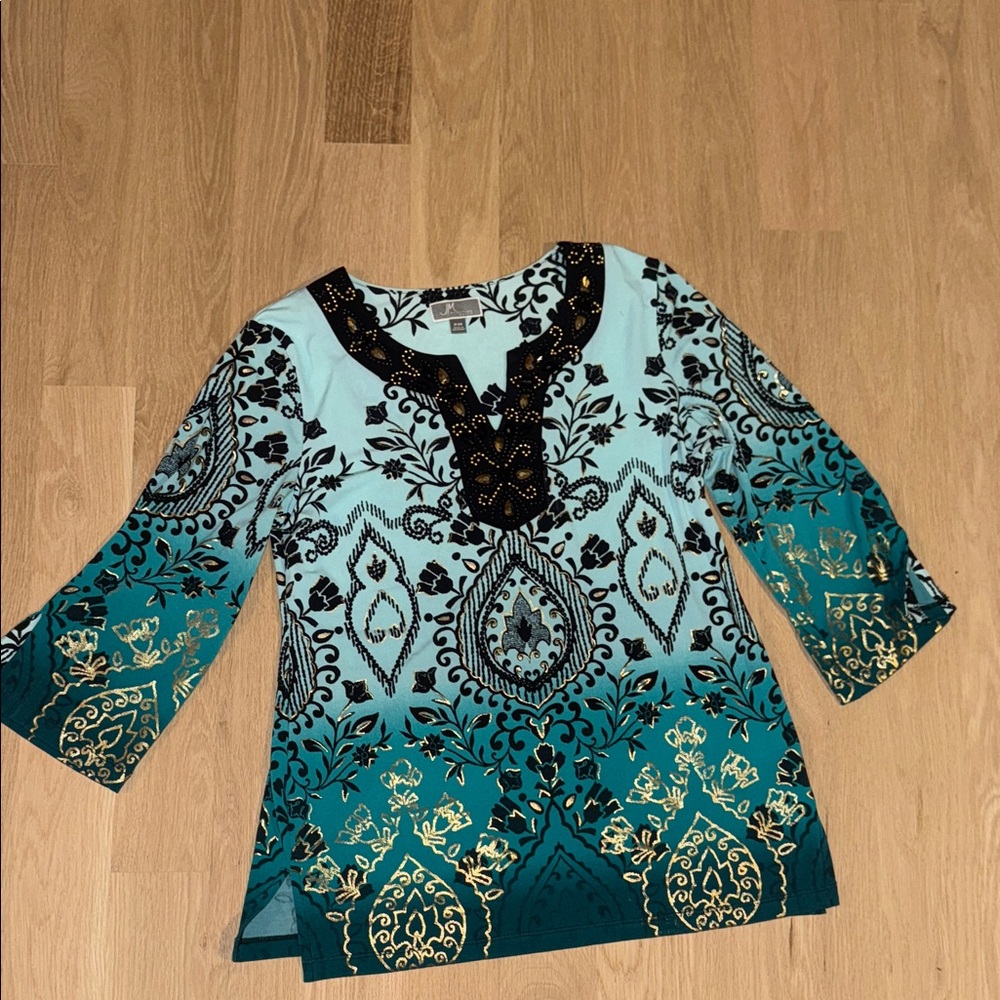 MSK Teal Ombre Tunic and Pants with Black Embroidered Neck and Gold Accents